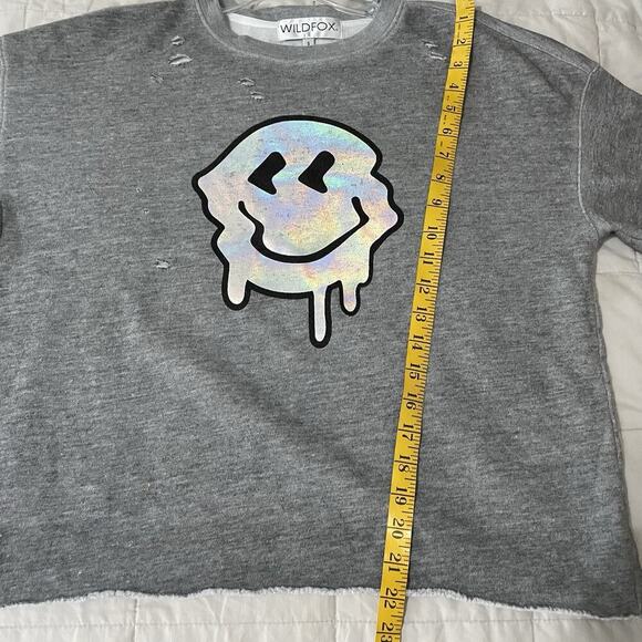 Wildfox Glitch Ophelia Sweatshirt Women Size Small Gray Drippy Face Smiley - Picture 6 of 9